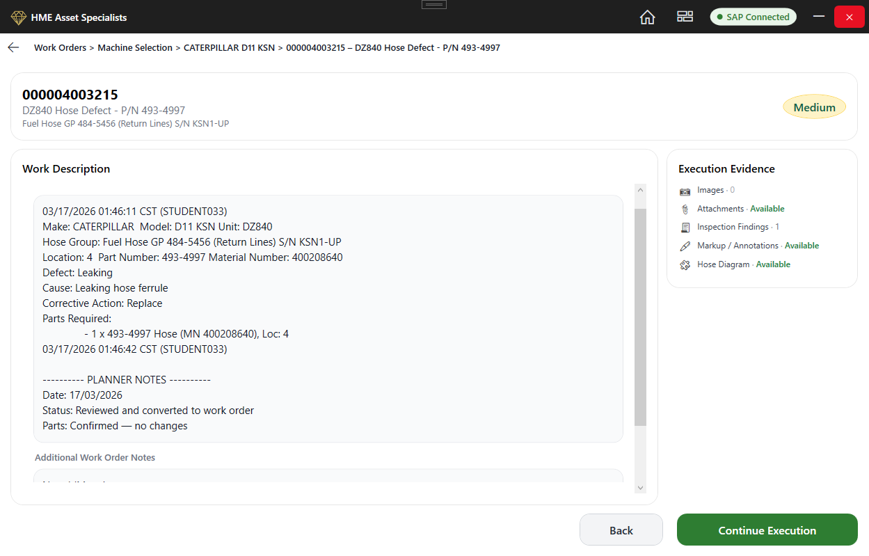 Execution evidence and work order detail